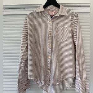 BURU Classic Striped Button Down Shirt medium **selling a MATCHING skirt Taupe